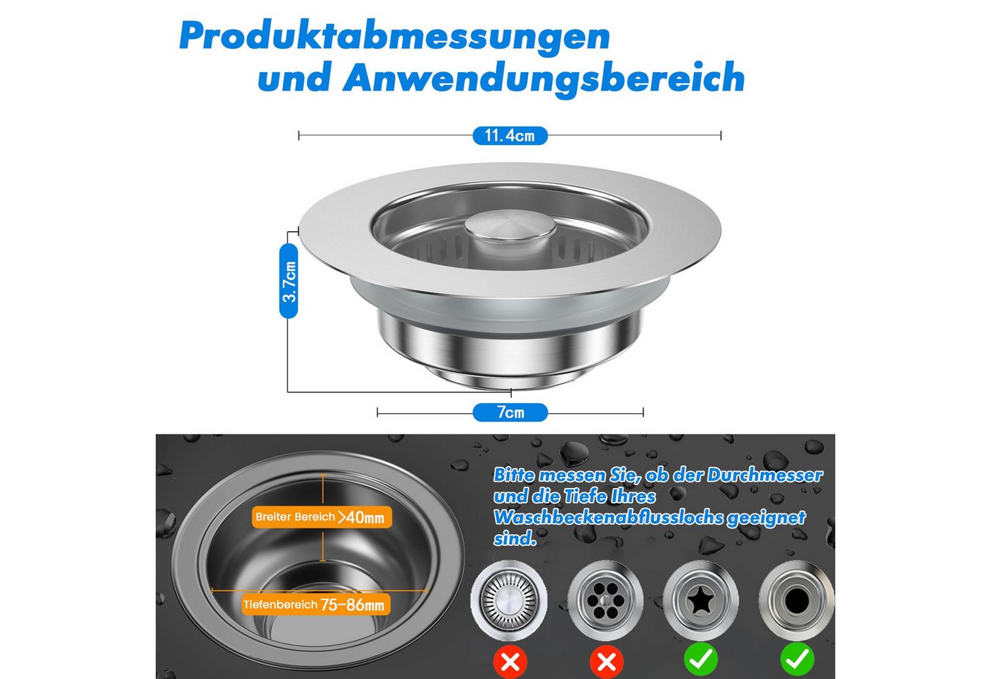 Agger Küchensieb Universal Siebkörbchen Abflusssieb Küchenspüle und Edelstahl, Waschbeckenstöpsel, 3-in-1 Pop-Up Edelstahl Abflussstopfen – Bild 2 von 5