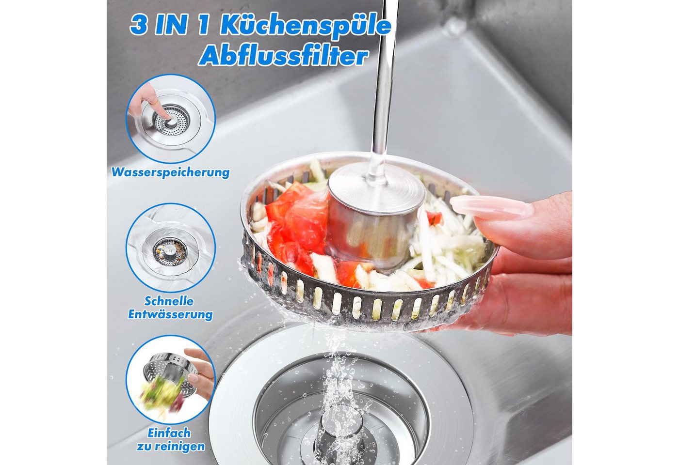 Agger Küchensieb Universal Siebkörbchen Abflusssieb Küchenspüle und Edelstahl, Waschbeckenstöpsel, 3-in-1 Pop-Up Edelstahl Abflussstopfen – Bild 3 von 5