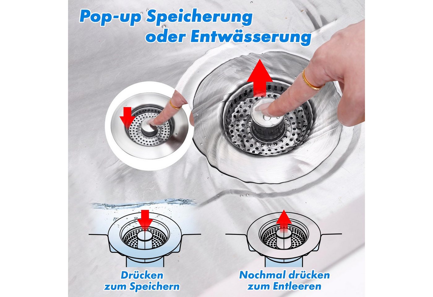 Agger Küchensieb Universal Siebkörbchen Abflusssieb Küchenspüle und Edelstahl, Waschbeckenstöpsel, 3-in-1 Pop-Up Edelstahl Abflussstopfen – Bild 5 von 5