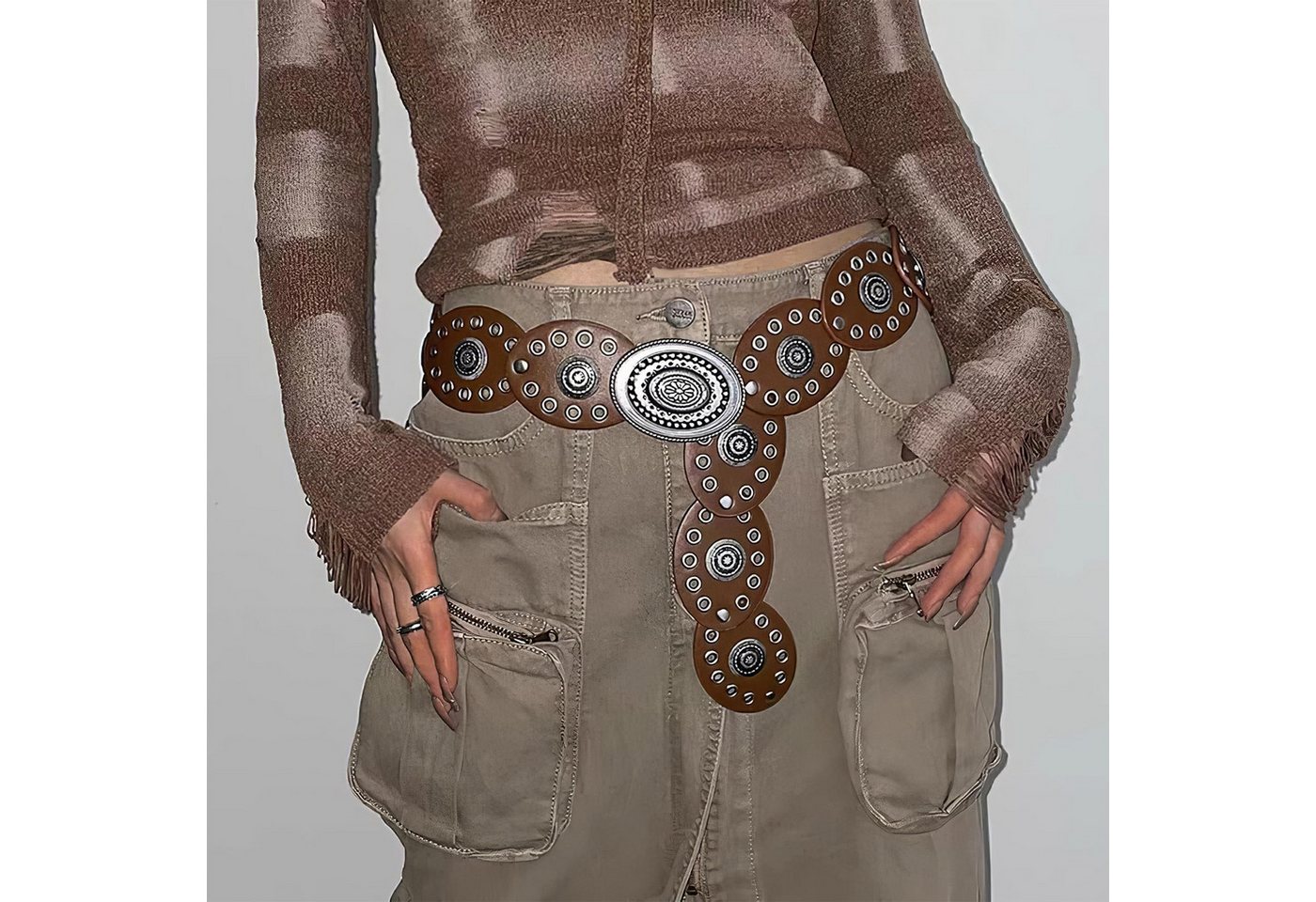 Agger Ledergürtel Damen-Western-Gürtel, breiter Dischgürtel mit Türkis Boho-Concho-Ledergürtel für Kleider, Cowgirl- und Country-Stil – Bild 3 von 5