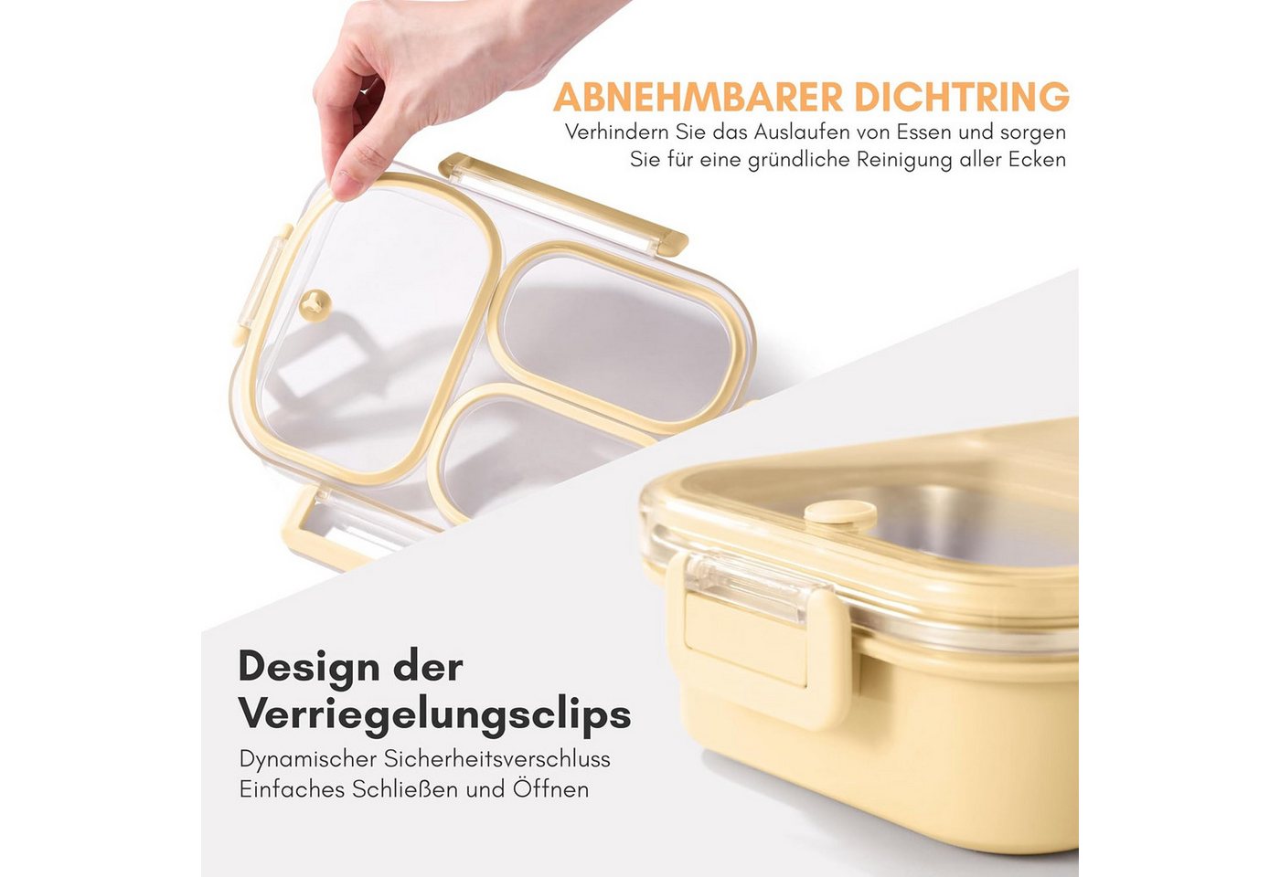 Agger Lunchbox 800ml Brotdose mit 3 Fächern,Lunchbox für Kinder und Erwachsene, (Edelstahl 304), für Schule, Büro und unterwegsIdeal, für alle Altersgruppen – Bild 3 von 5