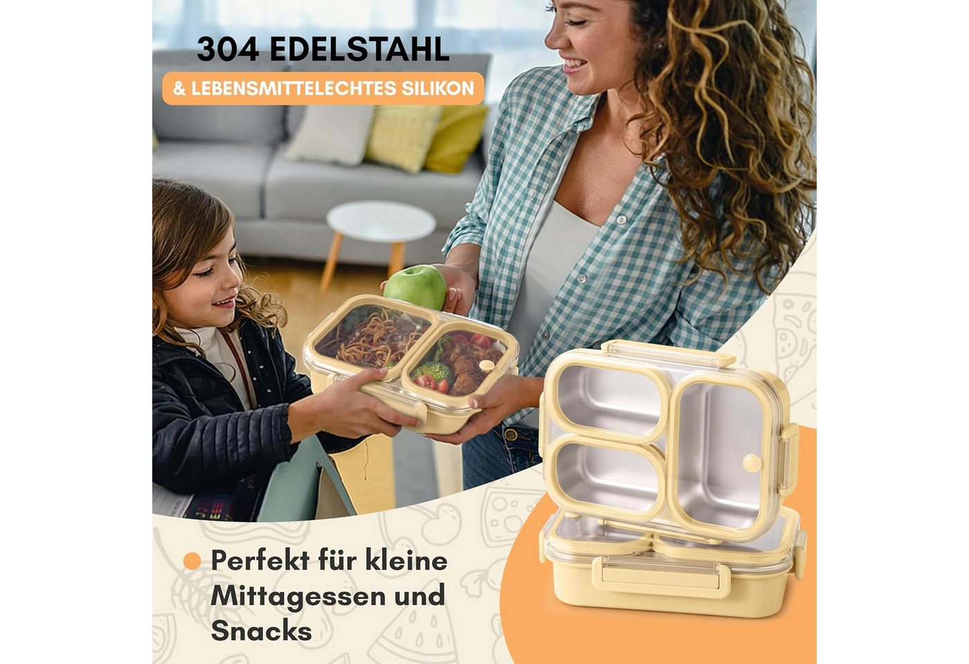 Agger Lunchbox 800ml Brotdose mit 3 Fächern,Lunchbox für Kinder und Erwachsene, (Edelstahl 304), für Schule, Büro und unterwegsIdeal, für alle Altersgruppen – Bild 4 von 5