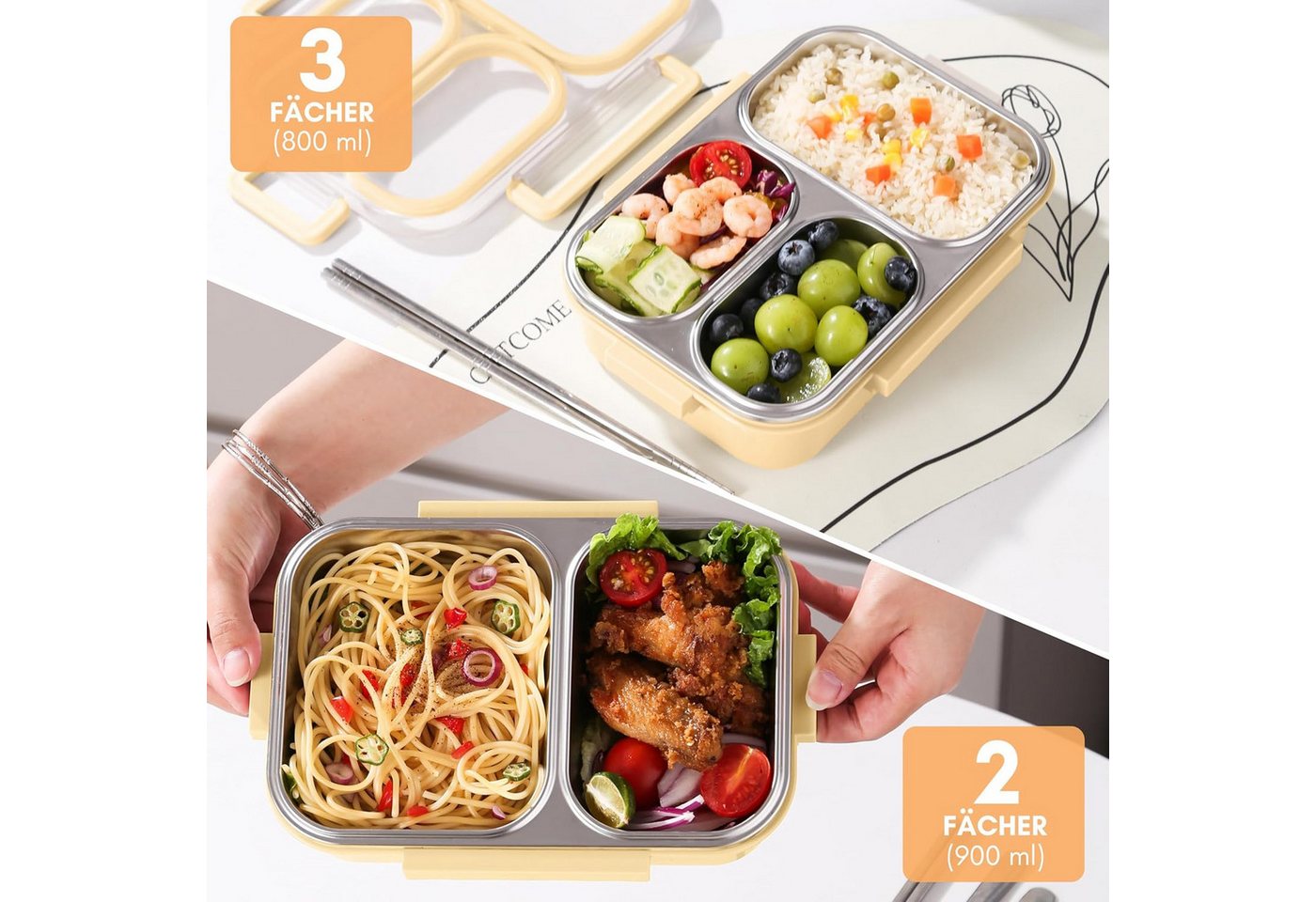 Agger Lunchbox 800ml Brotdose mit 3 Fächern,Lunchbox für Kinder und Erwachsene, (Edelstahl 304), für Schule, Büro und unterwegsIdeal, für alle Altersgruppen – Bild 5 von 5