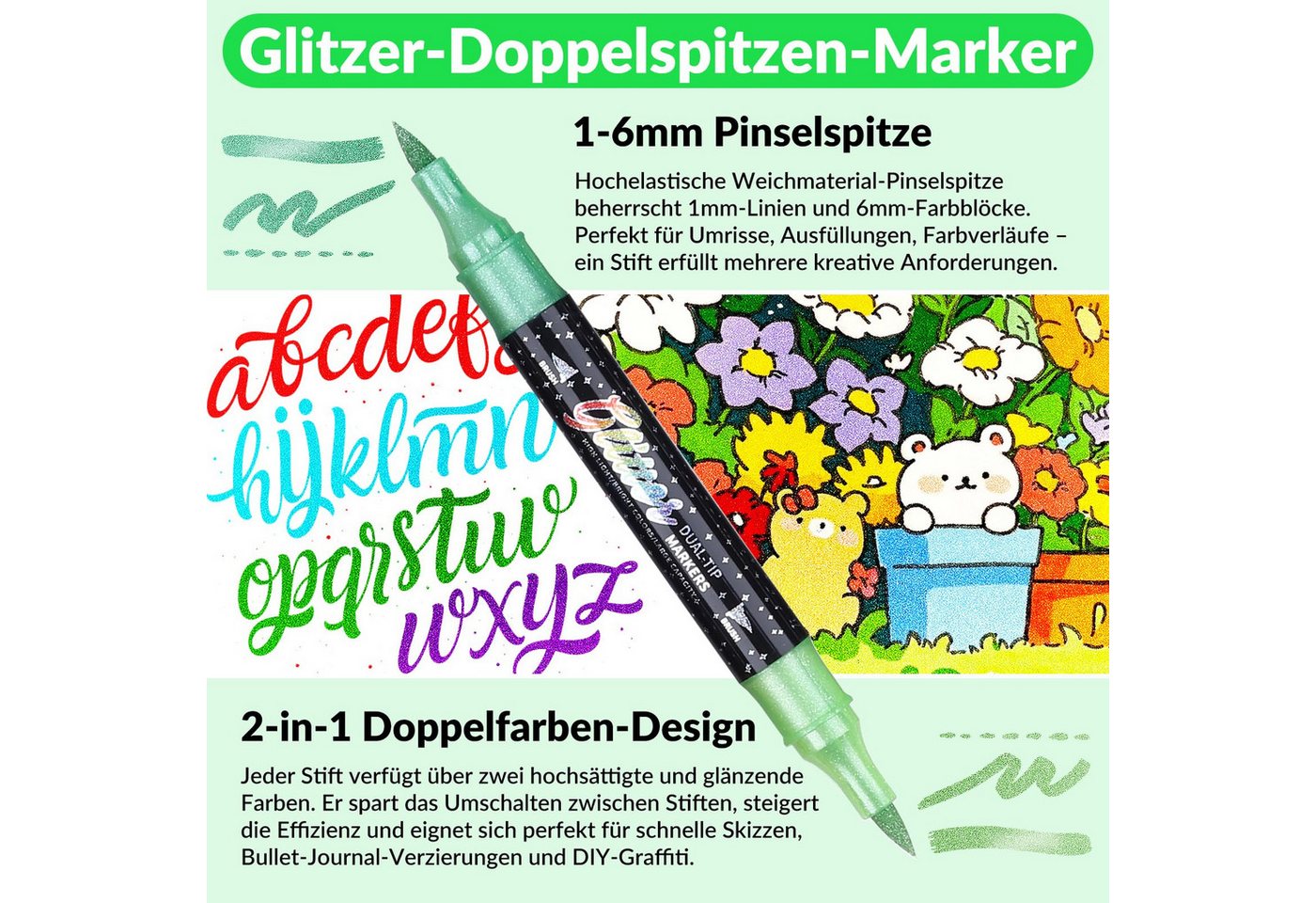 Agger Marker Glitzerstifte Set mit Doppelspitze – Metallische Filzstifte, (12-tlg), für DIY, Karten, Malbücher, Scrapbooking & Handlettering – Bild 2 von 5