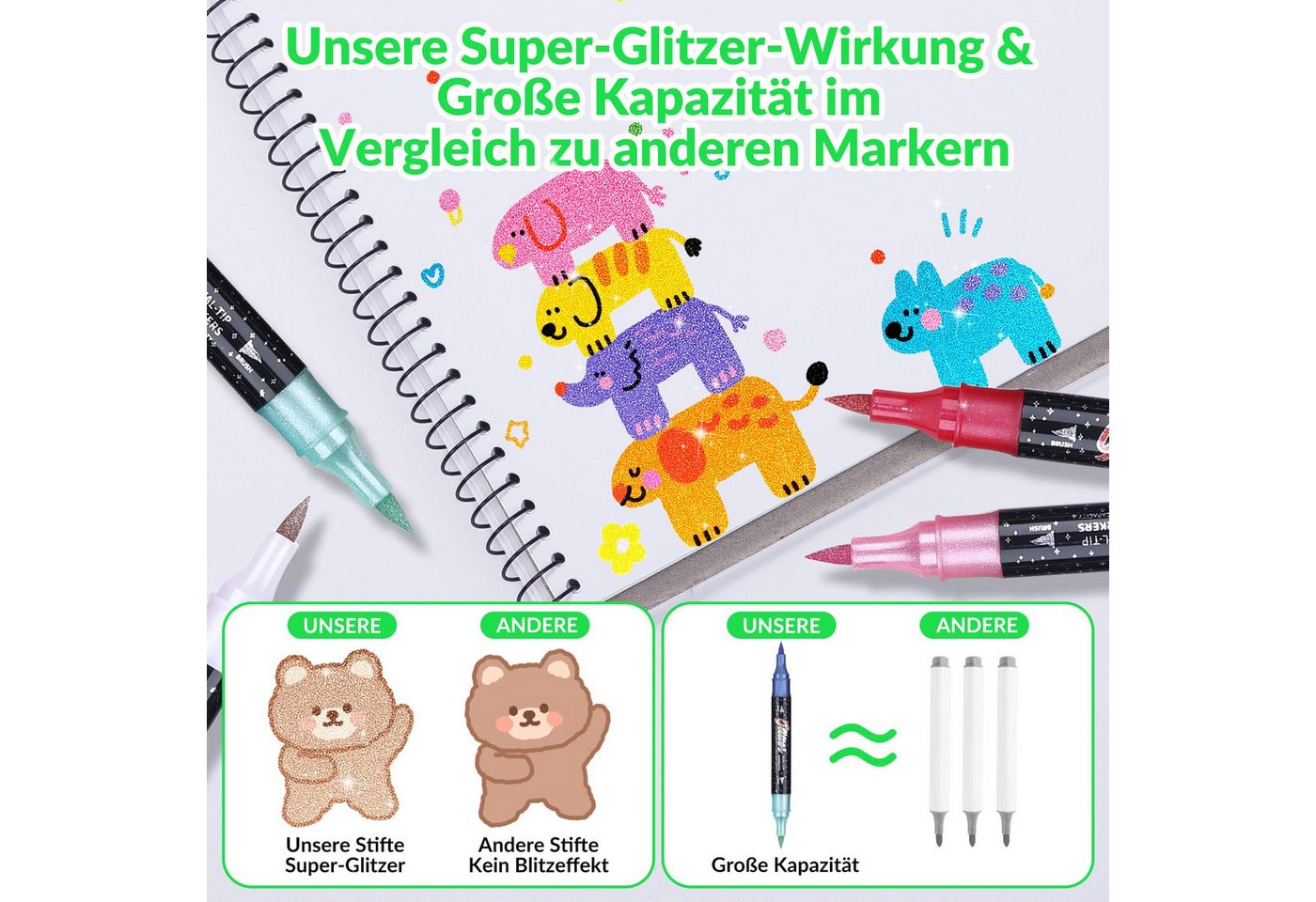 Agger Marker Glitzerstifte Set mit Doppelspitze – Metallische Filzstifte, (12-tlg), für DIY, Karten, Malbücher, Scrapbooking & Handlettering – Bild 4 von 5