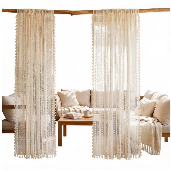 Agger Scheibengardine Vintage Quasten Boho gardinen, Transparente Fenstervorhänge