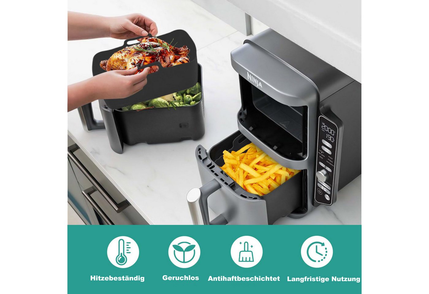 Agger Silikonform 2er Set Airfryer Silikon-Einsätze – Große Kapazität, (2-tlg), antihaftbeschichtet & hitzebeständig, für Heißluftfritteuse Zubehör – Bild 2 von 5