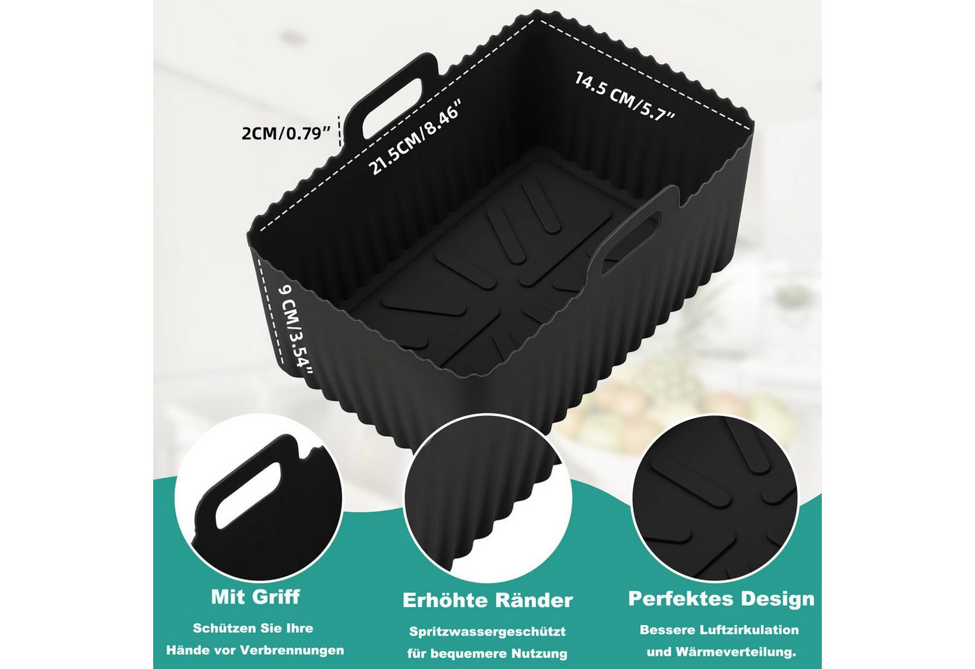 Agger Silikonform 2er Set Airfryer Silikon-Einsätze – Große Kapazität, (2-tlg), antihaftbeschichtet & hitzebeständig, für Heißluftfritteuse Zubehör – Bild 3 von 5