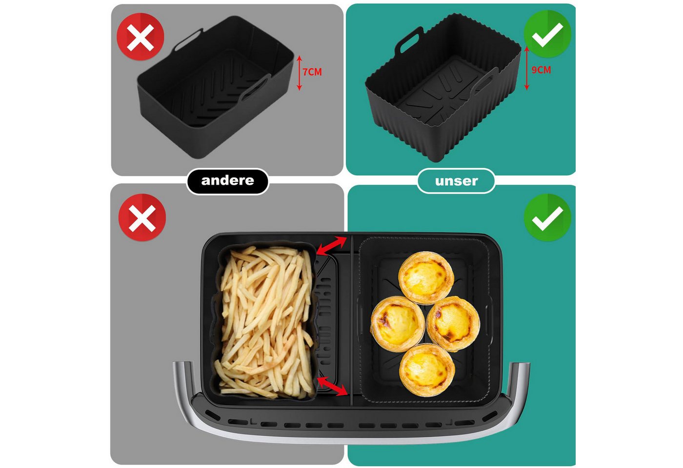 Agger Silikonform 2er Set Airfryer Silikon-Einsätze – Große Kapazität, (2-tlg), antihaftbeschichtet & hitzebeständig, für Heißluftfritteuse Zubehör – Bild 4 von 5