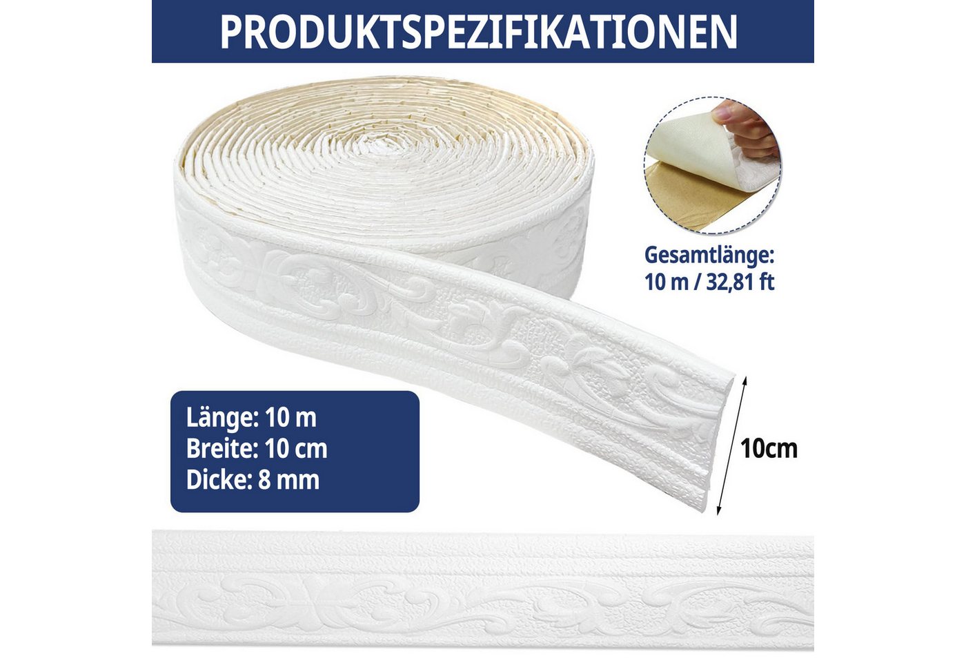 Agger Sockelleiste 10m*11cm selbstklebende Schaumstoffsockelleiste, L: 10 cm, H: 11 cm, 3D-Relief sockelleiste, wasserdichte Bordüre – Bild 2 von 5
