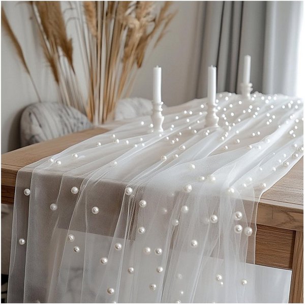 Agger Tischläufer Eleganter Tischläufer,Perlenverzierter Tischläufer aus Netz Tüllstoff (2-tlg), Tischdecke für Boho-Hochzeit, Geburtstagsfeier,0.75*3m,transpar