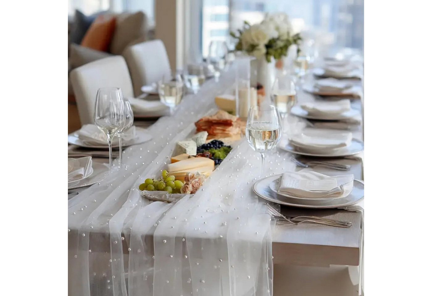 Agger Tischläufer Eleganter Tischläufer,Perlenverzierter Tischläufer aus Netz Tüllstoff (2-tlg), Tischdecke für Boho-Hochzeit, Geburtstagsfeier,0.75*3m,transpar – Bild 4 von 5