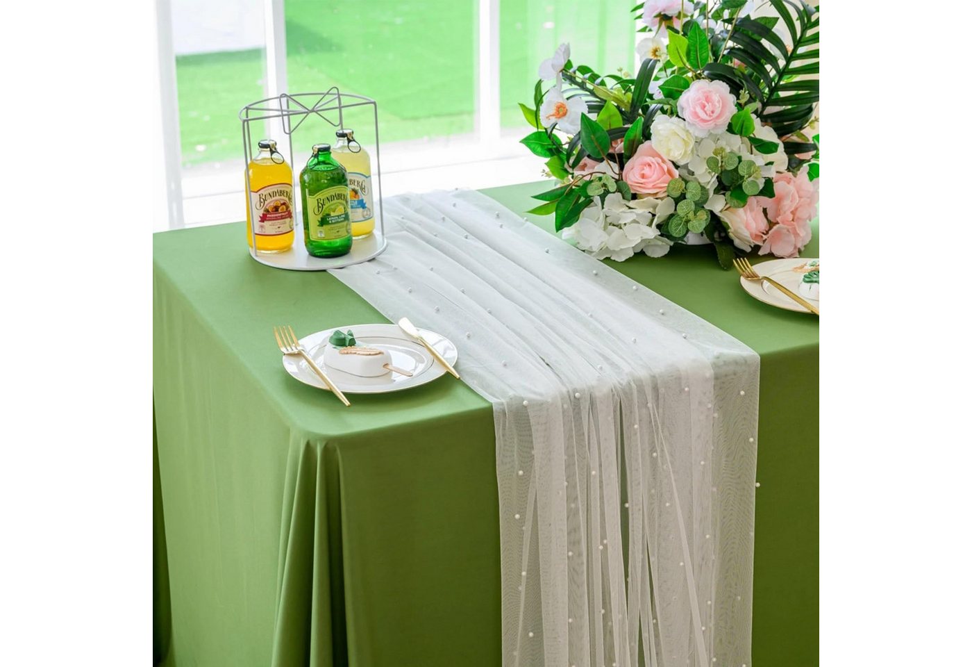 Agger Tischläufer Eleganter Tischläufer,Perlenverzierter Tischläufer aus Netz Tüllstoff (2-tlg), Tischdecke für Boho-Hochzeit, Geburtstagsfeier,0.75*3m,transpar – Bild 5 von 5