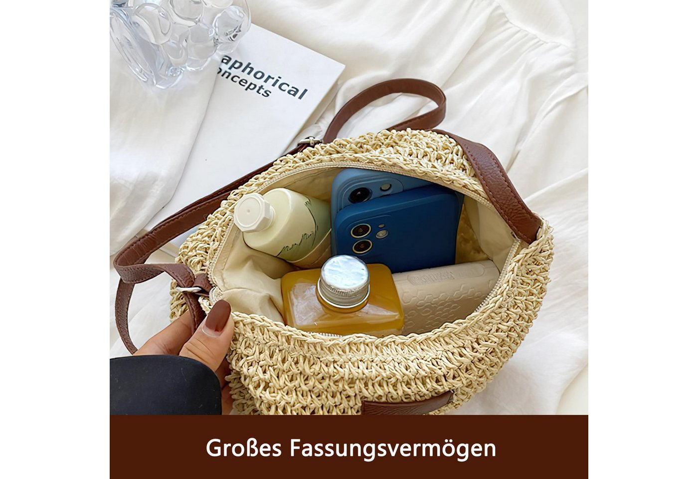 Agger Umhängetasche Stroh Handtasche Damen, Böhmische Strandtasche, Schultertasche, Strohtasche Damen Basttasche für Reisen Strand – Bild 5 von 5