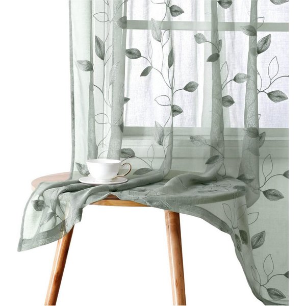 Agger Vorhang Leinen Voile Vorhänge, halbtransparente Blumenvorhänge, Blätter-Stickerei Vorhänge, geeignet für Schlafzimmer und Wohnzimmer