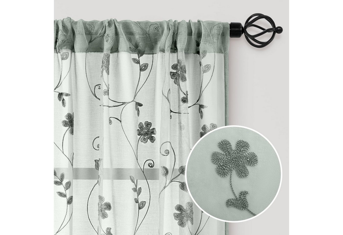 Agger Vorhang Leinen Voile Vorhänge, halbtransparente Blumenvorhänge, Blätter-Stickerei Vorhänge, geeignet für Schlafzimmer und Wohnzimmer – Bild 5 von 5
