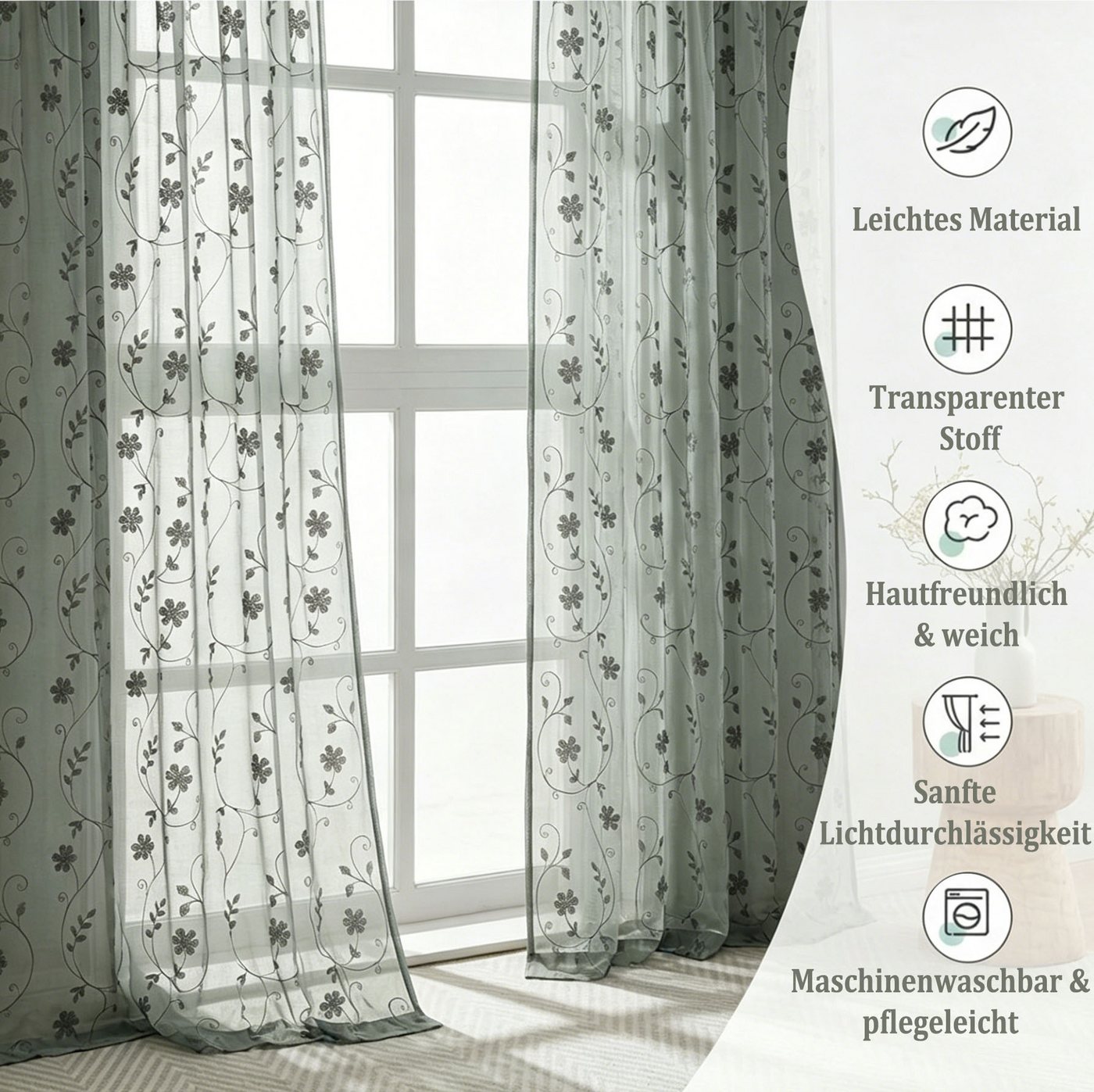 Agger Vorhang Leinen Voile Vorhänge, halbtransparente Blumenvorhänge, Blätter-Stickerei Vorhänge, geeignet für Schlafzimmer und Wohnzimmer – Bild 2 von 5