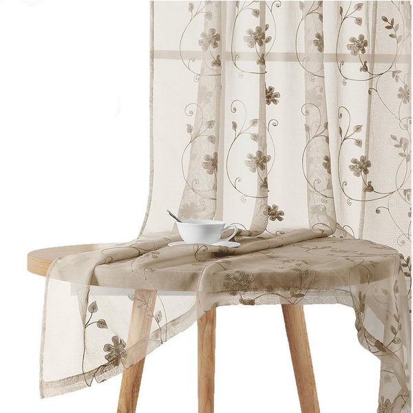 Agger Vorhang Leinen Voile Vorhänge, halbtransparente Blumenvorhänge, Blätter-Stickerei Vorhänge, geeignet für Schlafzimmer und Wohnzimmer