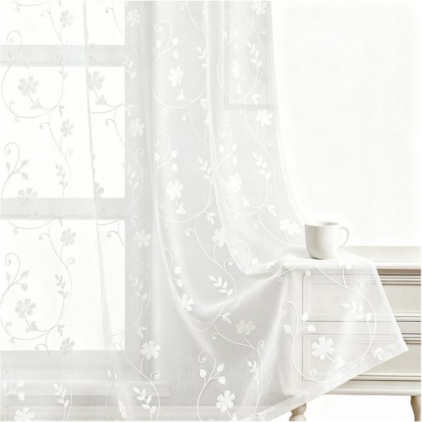 Agger Vorhang Leinen Voile Vorhänge, halbtransparente Blumenvorhänge, Blätter-Stickerei Vorhänge, geeignet für Schlafzimmer und Wohnzimmer