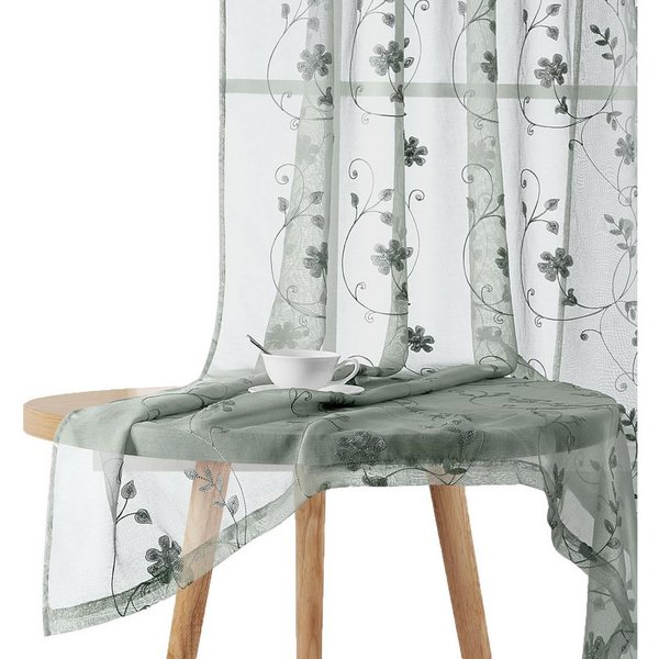 Agger Vorhang Leinen Voile Vorhänge, halbtransparente Blumenvorhänge, Blätter-Stickerei Vorhänge, geeignet für Schlafzimmer und Wohnzimmer