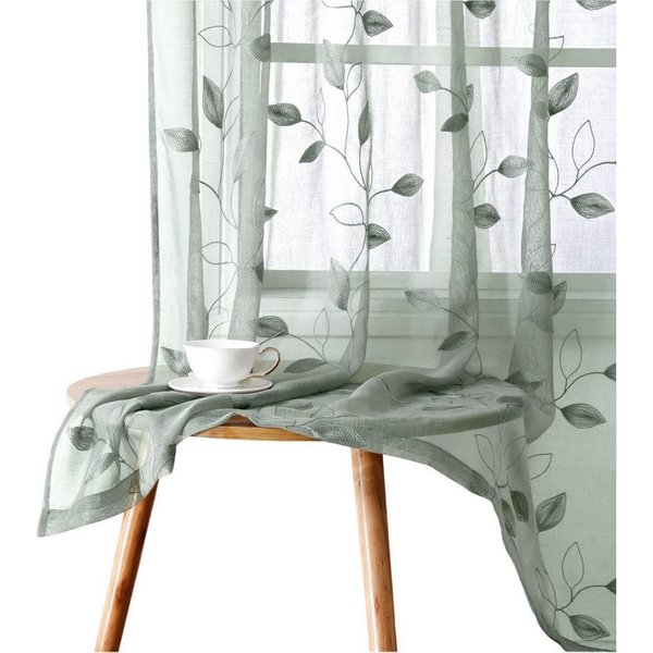 Agger Vorhang Leinen Voile Vorhänge, halbtransparente Blumenvorhänge, Blätter-Stickerei Vorhänge, geeignet für Schlafzimmer und Wohnzimmer