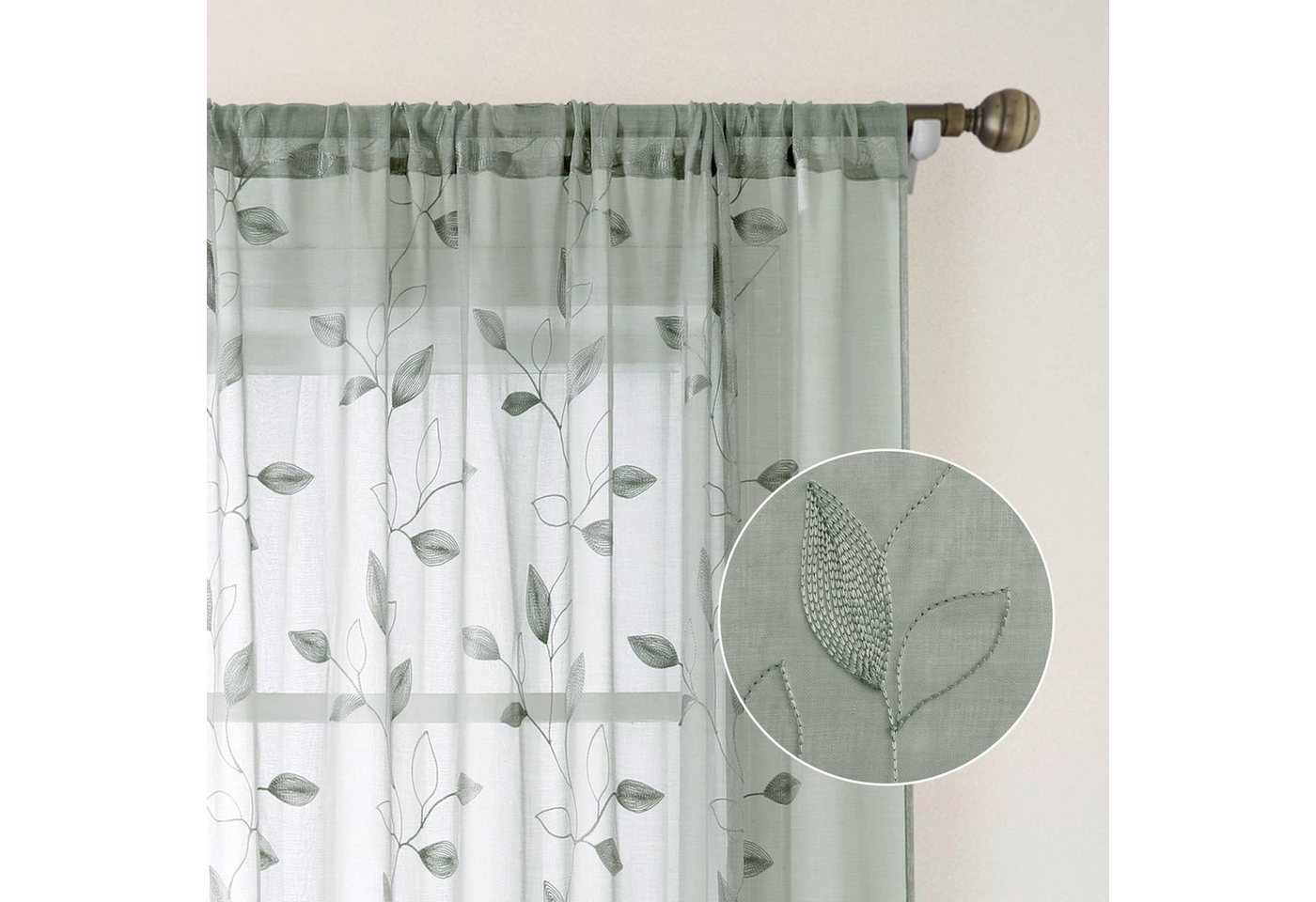 Agger Vorhang Leinen Voile Vorhänge, halbtransparente Blumenvorhänge, Blätter-Stickerei Vorhänge, geeignet für Schlafzimmer und Wohnzimmer – Bild 5 von 5