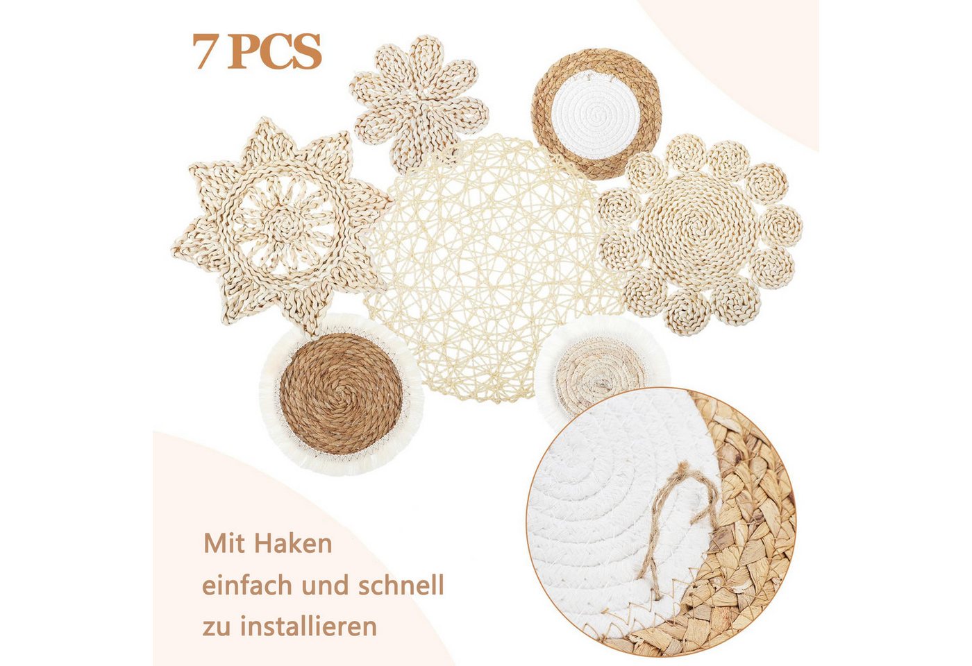 Agger Wanddekoobjekt 7 Stück Boho-Wandkörbe, Dekoration zum Aufhängen, runde Wandkunst (7 St), für Bauernhaus-Wohnzimmer, Schlafzimmer, Küchendekorationen – Bild 4 von 5