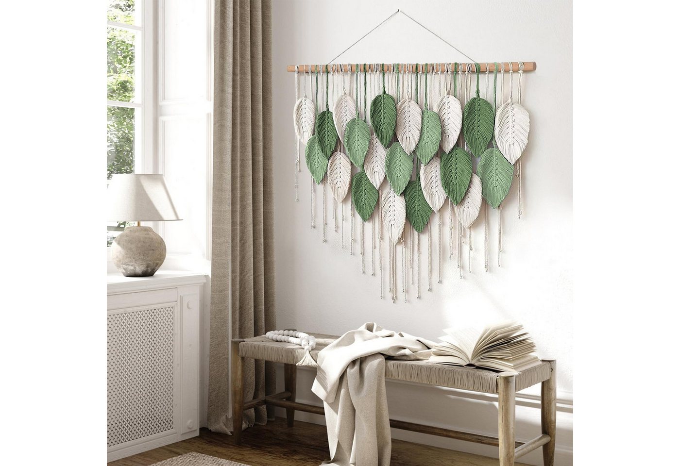 Agger Wanddekoobjekt Großer Wandbehang Wandteppich, Boho Makramee Gewebte Handgemachte, Quaste Blatt Tapisserie Böhmische Wandkunst Dekor – Bild 4 von 5