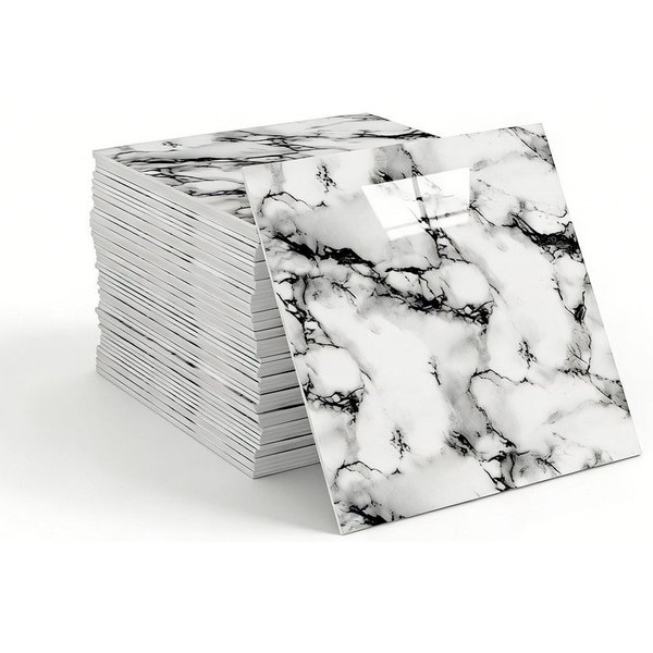 Agger Wandfliese Selbstklebend, Tile Stickers 10 Stück, Peel and Stick Tiles 30X30CM, 30x30, Schwarz-Weiß, Wasserfest & Schmutzabweisend, Fliesenaufkleber Marmo