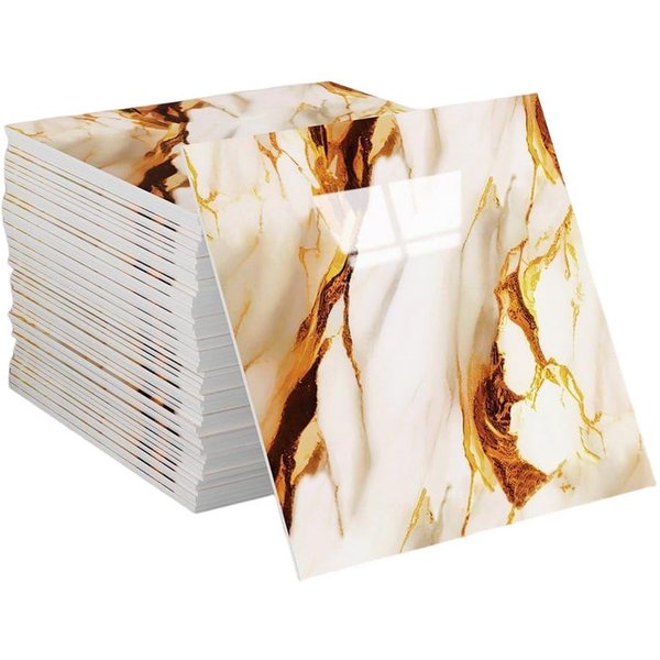 Agger Wandfliese Selbstklebend, Tile Stickers 10 Stück, Peel and Stick Tiles 30X30CM, 30x30, Gold-Weiß, Wasserfest & Schmutzabweisend, Fliesenaufkleber Marmor