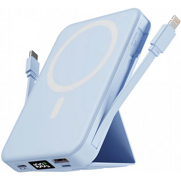 AIBISTAR 10000mAh Magnetisch MagSafe Powerbank mit 2 Kabel Klappständer LED Powerbank Magnet-Powerbank 10000 mAh, Magnetisches Wireless Charging,Kompatibel mit 