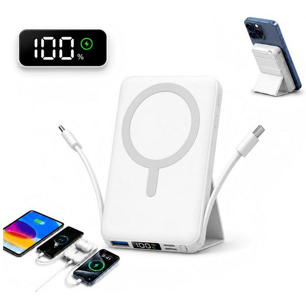 AIBISTAR 10000mAh Magnetisch MagSafe Powerbank mit 2 Kabel Klappständer LED Powerbank Magnet-Powerbank 10000 mAh, Magnetisches Wireless Charging,Kompatibel mit 