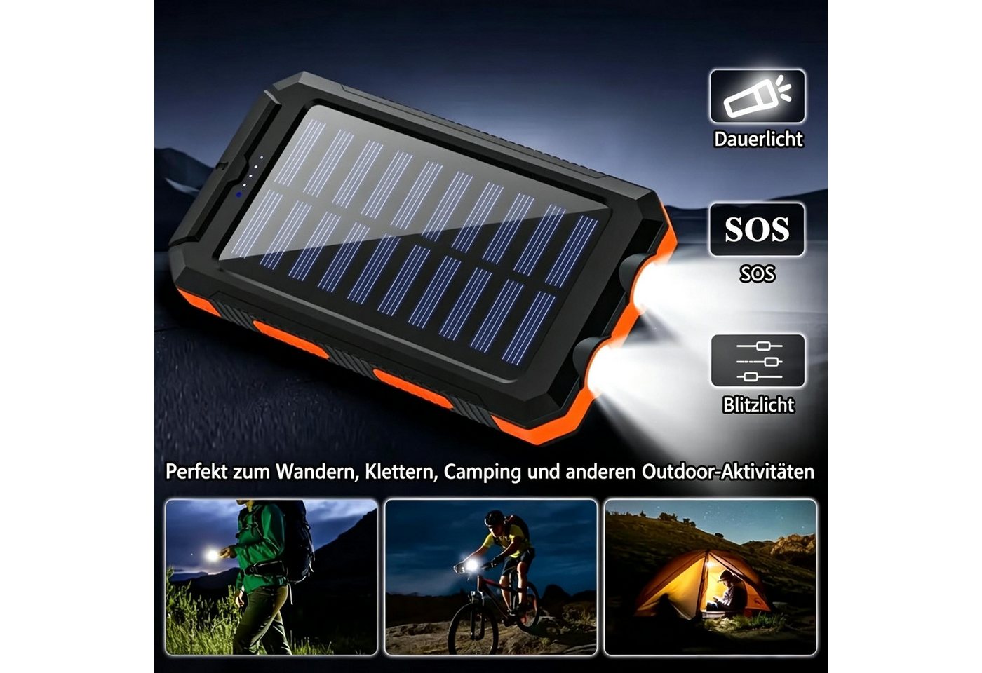 AIBISTAR 2 ser Set Solar Powerbank 20000mAh, LED, wasserdicht, Outdoor Solar Powerbank Solar Powerbank 20000 mAh (2 St), 2*20000 mAh,2 USB-Ausgänge,für Outdoor- – Bild 2 von 3
