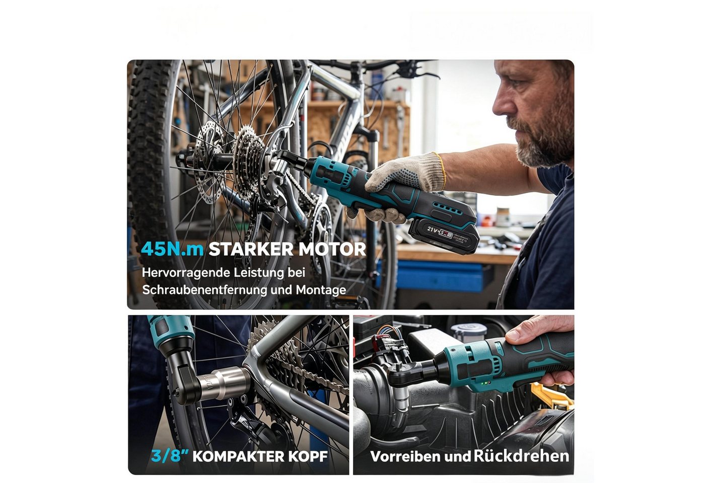 AIBISTAR Akku-Ratschenschrauber Elektrischer Ratschenschlüssel mit LED 21V Akku, 7 Stecknüsse (10–17 mm),Vorwärts- & Rückwärtslauf – Bild 2 von 4