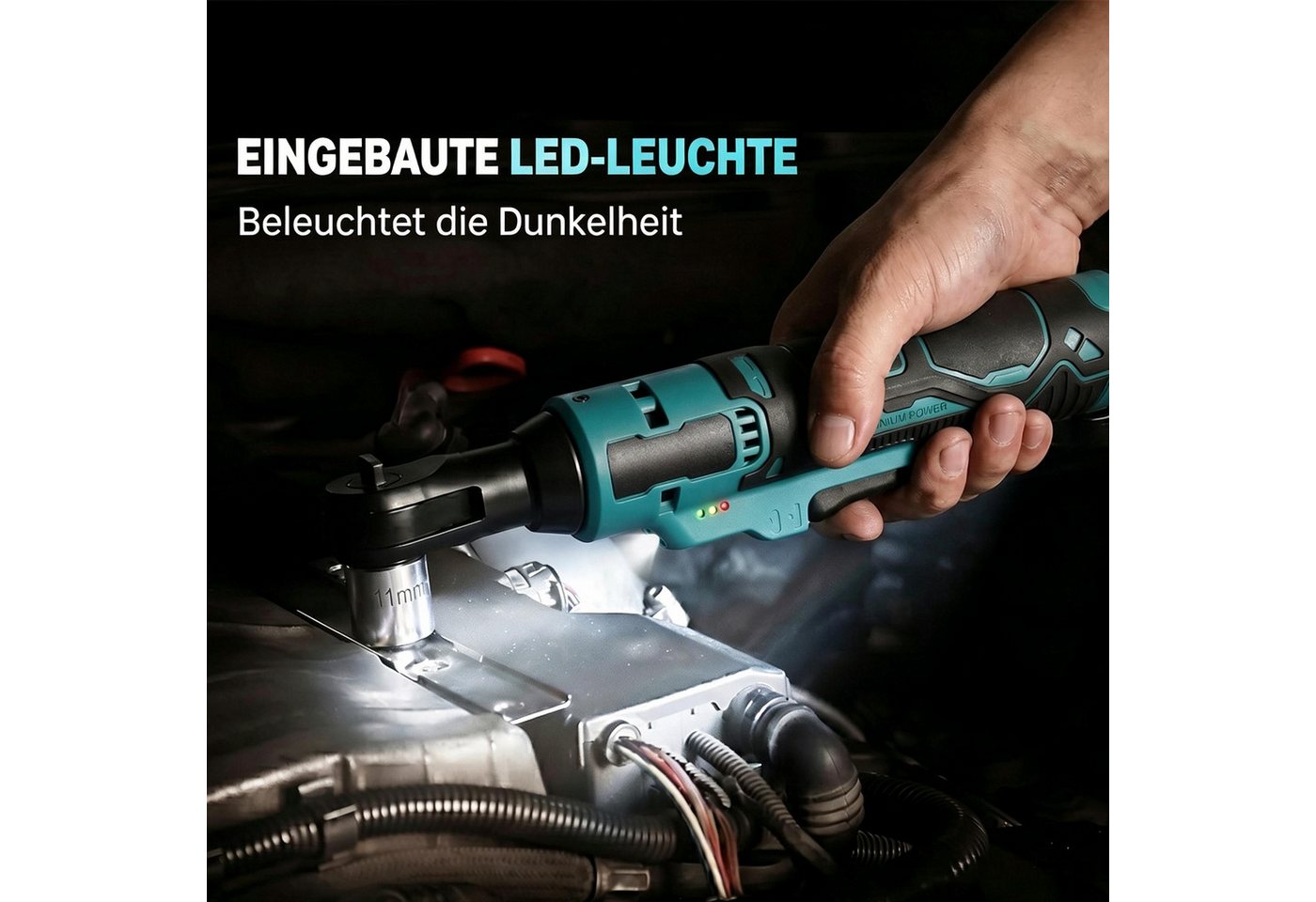 AIBISTAR Akku-Ratschenschrauber Elektrischer Ratschenschlüssel mit LED 21V Akku, 7 Stecknüsse (10–17 mm),Vorwärts- & Rückwärtslauf – Bild 3 von 4