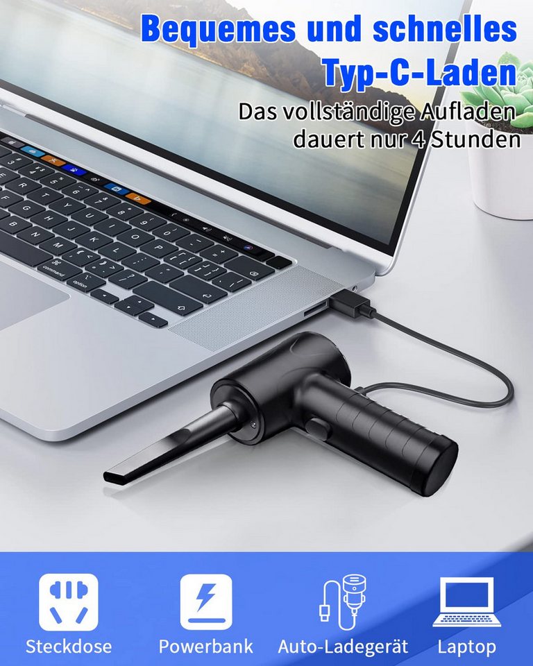 AIBISTAR Handstaubsauger Electric Air Duster, 3-Gang-Druckluftgebläse mit 91000 U/min, 3-Gang 91000 U/min,5 Düsen und 3 antistatische Bürstenköpfe – Bild 3 von 5