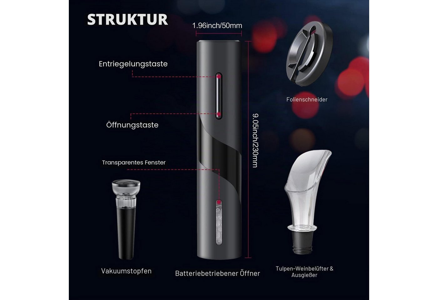 AIBISTAR Korkenzieher Elektrischer Korkenzieher, 4-in-1, USB-C, Vakuumversiegelung, Perfektes Geschenk für Weinliebhaber – Bild 3 von 5