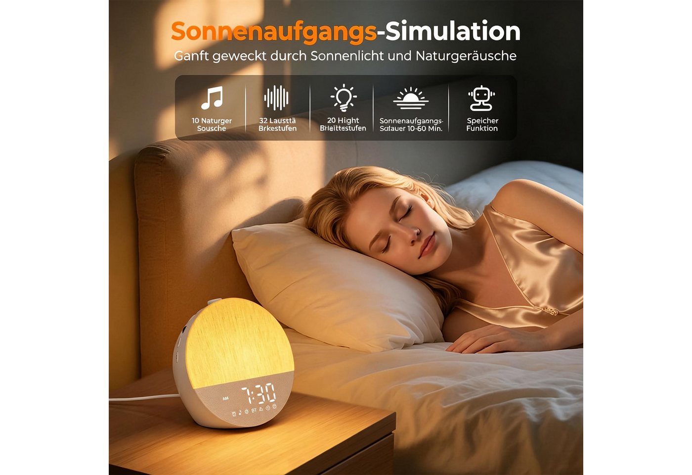 AIBISTAR Tageslichtwecker Tageslicht-Wecker, Sunrise, 30 Klänge, Bluetooth 20 Helligkeitsstufen,17 Farben,32 Lautstärkestufen – Bild 2 von 5