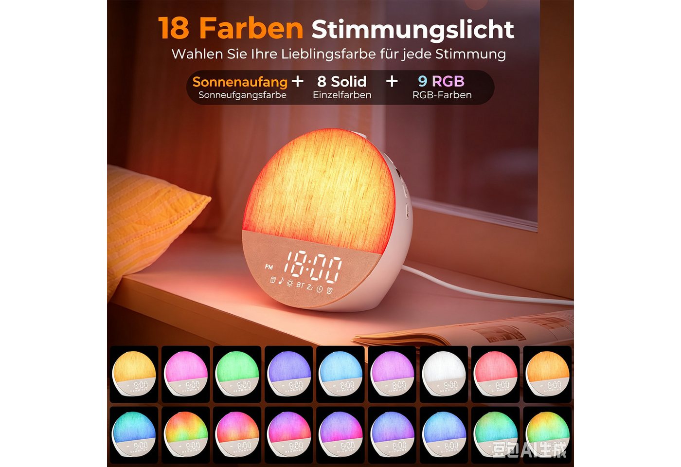 AIBISTAR Tageslichtwecker Tageslicht-Wecker, Sunrise, 30 Klänge, Bluetooth 20 Helligkeitsstufen,17 Farben,32 Lautstärkestufen – Bild 5 von 5