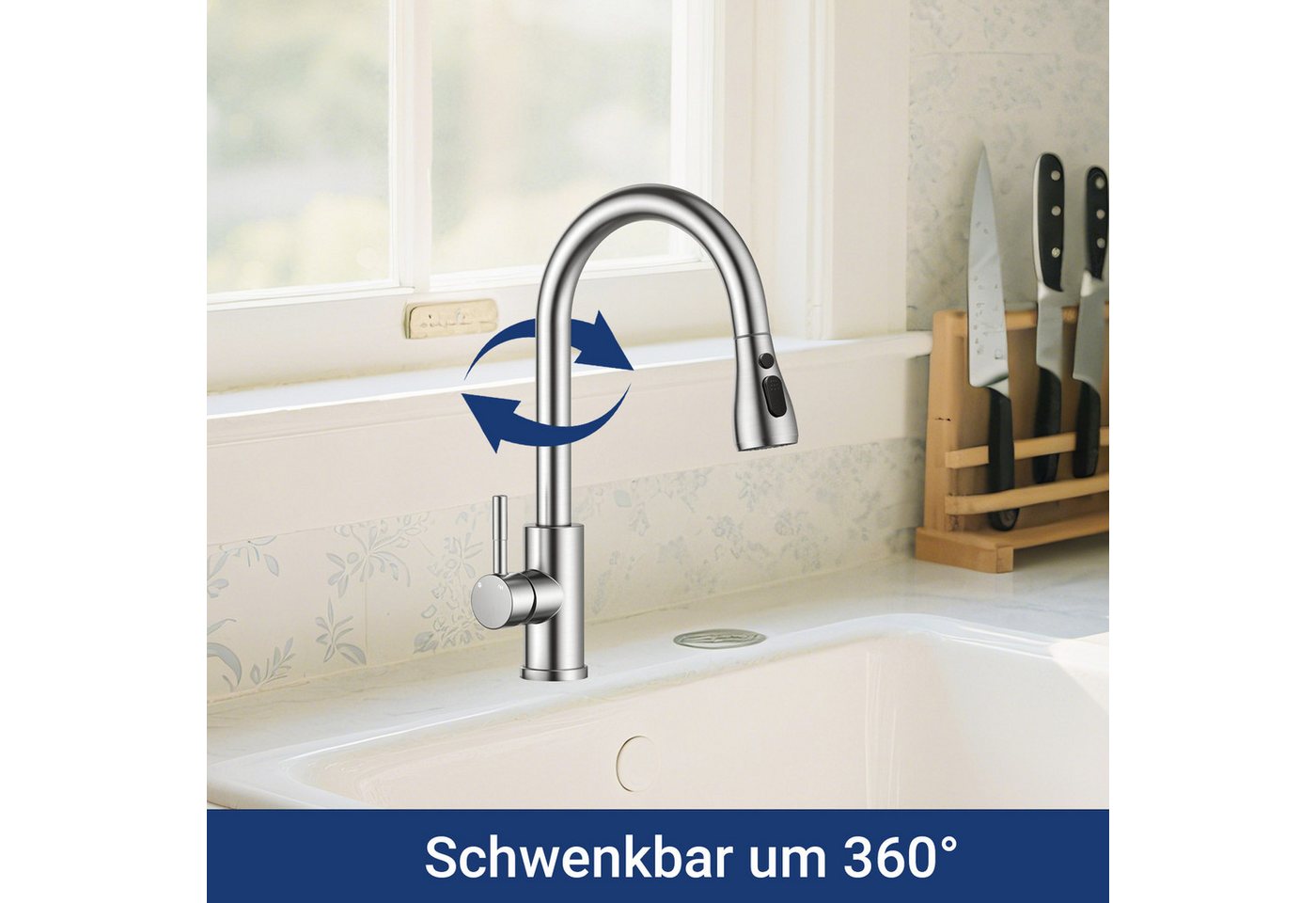 AICA Küchenarmatur Wasserhahn Küche,Spültischarmatur Ausziehbar,Armatur Küche 360° Hochdruck-Einhebelarmatur aus Edelstahl, schwenkbar mit Brause – Bild 2 von 5