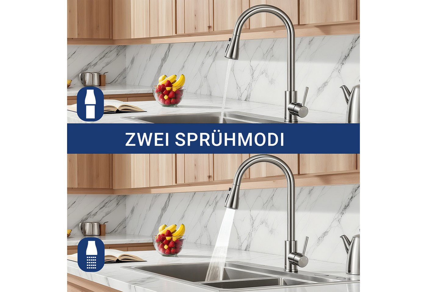 AICA Küchenarmatur Wasserhahn Küche,Spültischarmatur Ausziehbar,Armatur Küche 360° Hochdruck-Einhebelarmatur aus Edelstahl, schwenkbar mit Brause – Bild 4 von 5