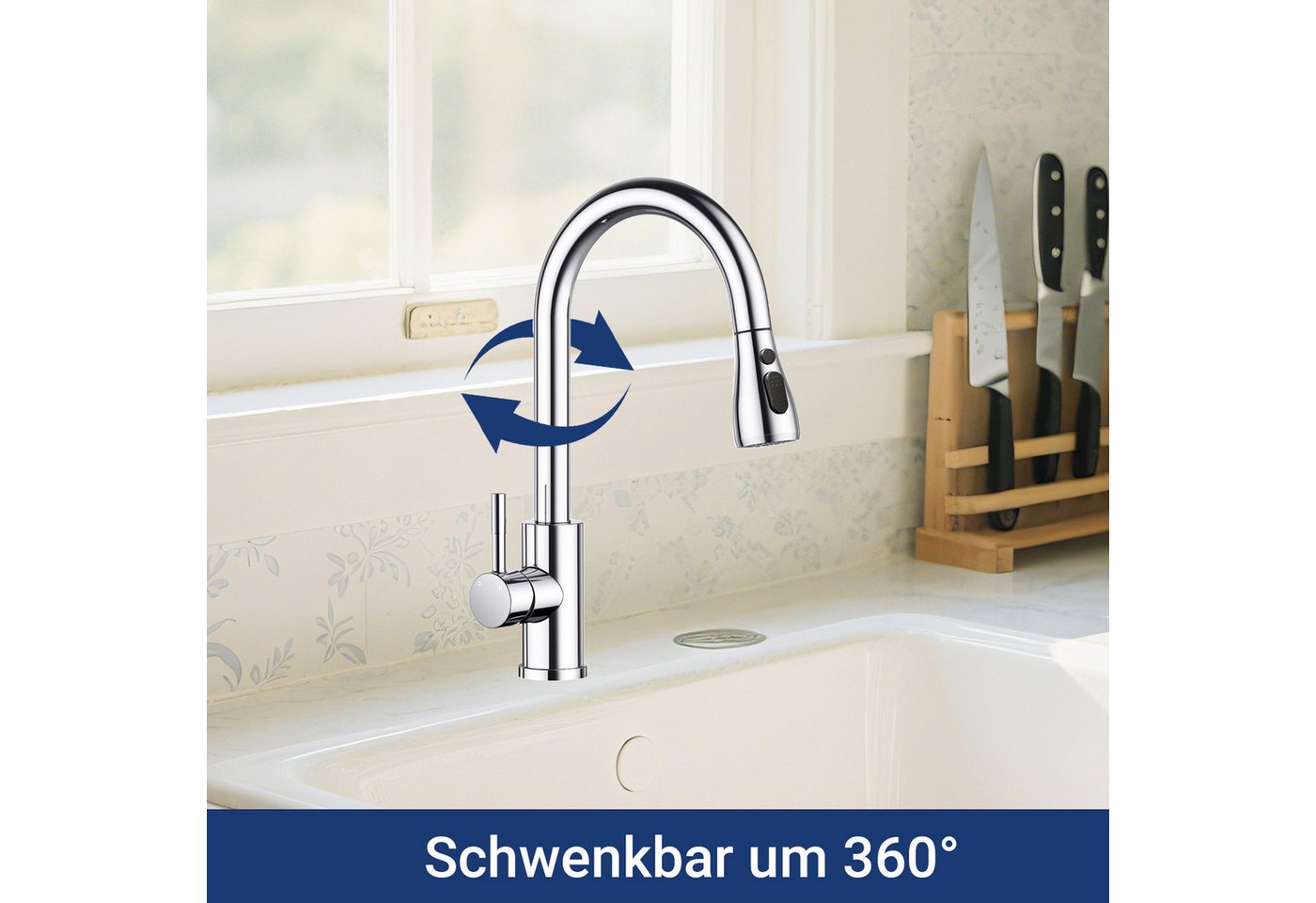 AICA Küchenarmatur Wasserhahn Küche,Spültischarmatur Ausziehbar,Armatur Küche 360° Hochdruck-Einhebelarmatur aus Edelstahl, schwenkbar mit Brause – Bild 2 von 5