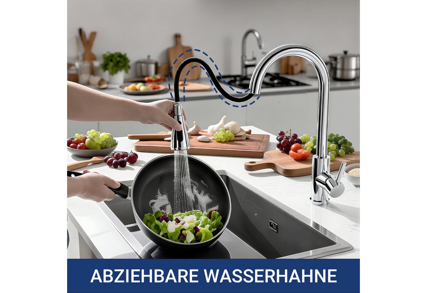 AICA Küchenarmatur Wasserhahn Küche,Spültischarmatur Ausziehbar,Armatur Küche 360° Hochdruck-Einhebelarmatur aus Edelstahl, schwenkbar mit Brause – Bild 3 von 5