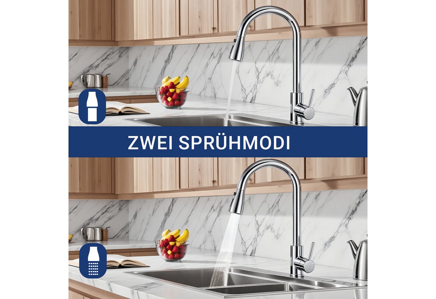 AICA Küchenarmatur Wasserhahn Küche,Spültischarmatur Ausziehbar,Armatur Küche 360° Hochdruck-Einhebelarmatur aus Edelstahl, schwenkbar mit Brause – Bild 4 von 5