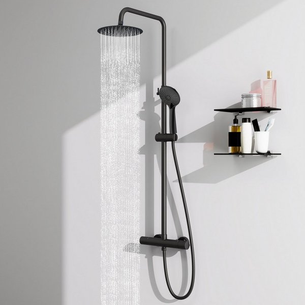 Aica Sanitär Duschsystem Rund-Regendusche Thermostat Duschset mit Handbrause, 3 Strahlart(en)