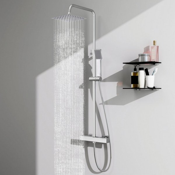 Aica Sanitär Duschsystem Thermostat Duschset Regendusche Massage Handbrause höhenverstellbar, 3 Strahlart(en), Thermostat-Duschset, Komplettset mit Regendusche 