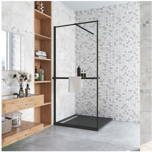 AICA Walk-in-Dusche 200cm Stabilisationsbügel Handtuchhalter schwarz walk in Dusche, Sicherheitsglas, Glas