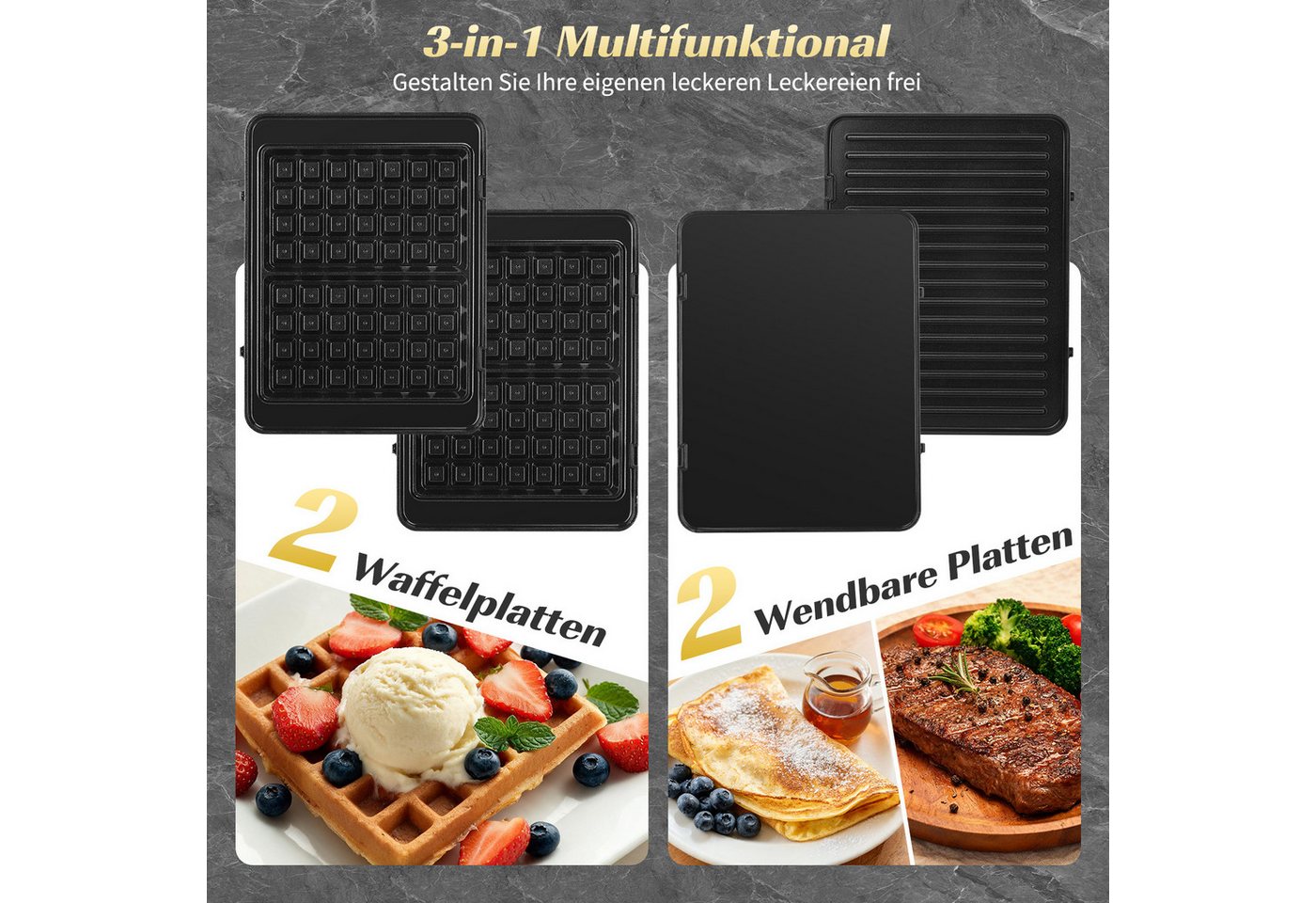 Aigostar 3-in-1-Kombi-Waffeleisen Waffeleisen, Kontaktgrill & Sandwichmaker, keram.Antihaftbeschichtung, 1500 W, einstellbare Temperatur, Multifunktionsgerät mi – Bild 2 von 5