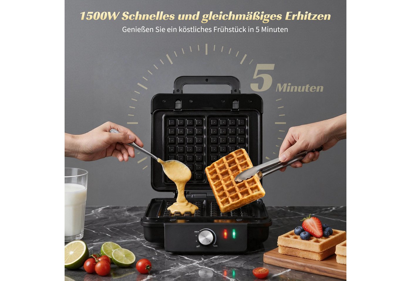 Aigostar 3-in-1-Kombi-Waffeleisen Waffeleisen, Kontaktgrill & Sandwichmaker, keram.Antihaftbeschichtung, 1500 W, einstellbare Temperatur, Multifunktionsgerät mi – Bild 3 von 5