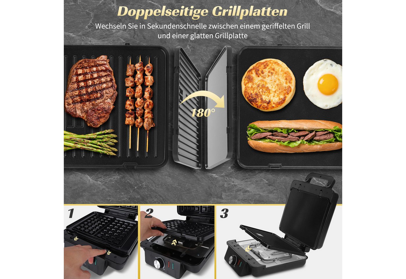 Aigostar 3-in-1-Kombi-Waffeleisen Waffeleisen, Kontaktgrill & Sandwichmaker, keram.Antihaftbeschichtung, 1500 W, einstellbare Temperatur, Multifunktionsgerät mi – Bild 4 von 5